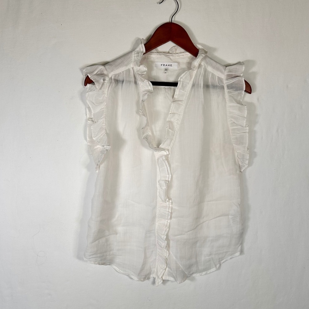 FRAME White Ramie Ruffle V-Neck Sleeveless Blouse Small cottagecore coastal boho